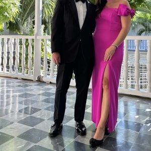 Hot pink Aidan Mattox gown with shoulder bows.